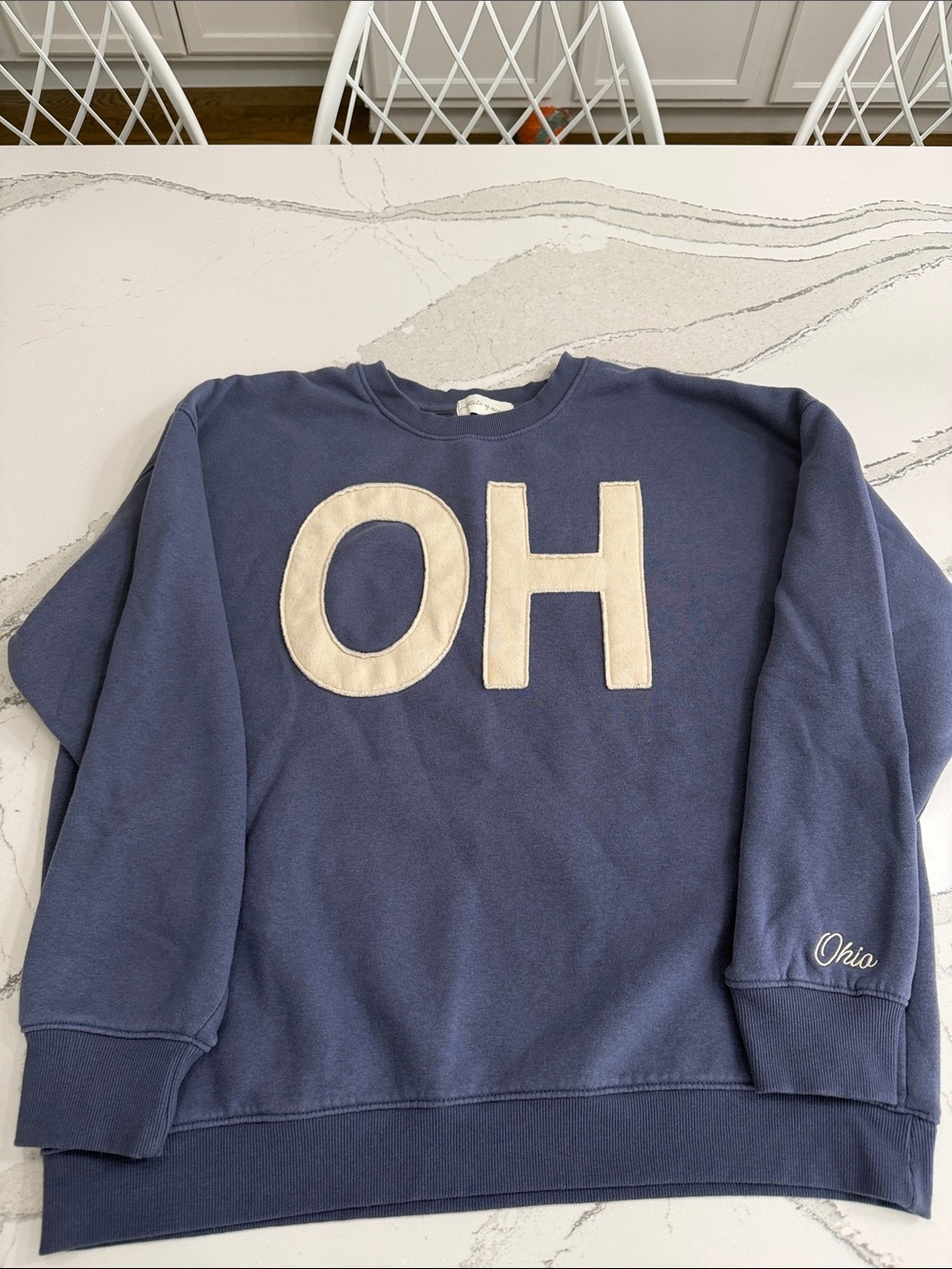 State of Mind Crewneck Sweatshirt with Cream 'OH' Appliqué - Dusty Blue - Large